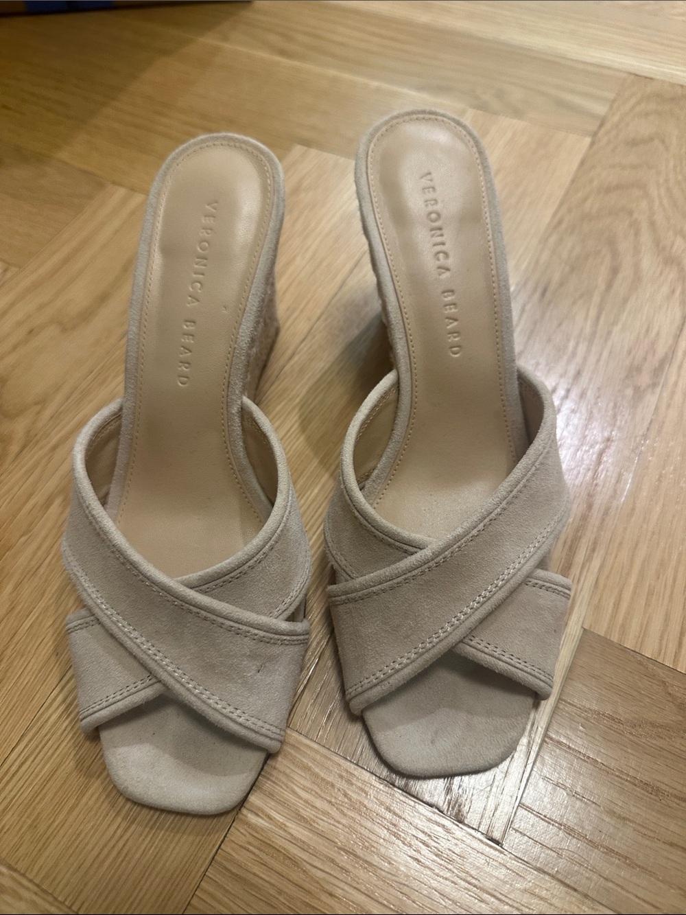 Veronica Beard Beige Crisscross Suede Slide Mules